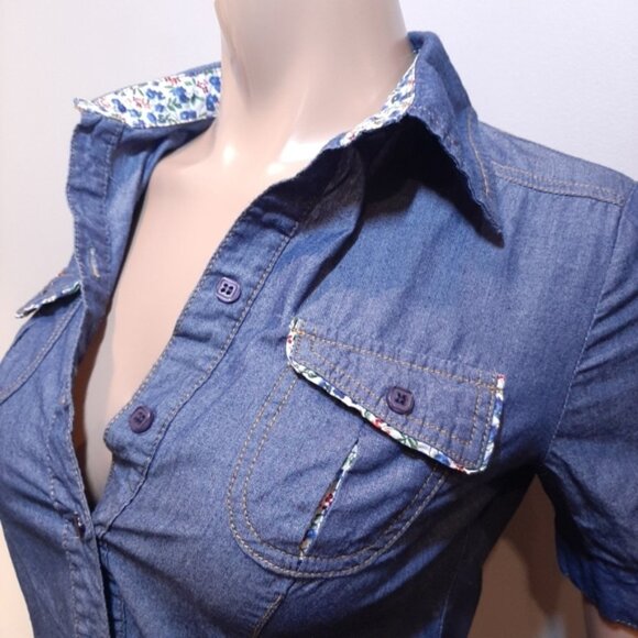 EDC Esprit Denim Shirt Button Down Short Sleeve Floral Western Y2K - Picture 3 of 11